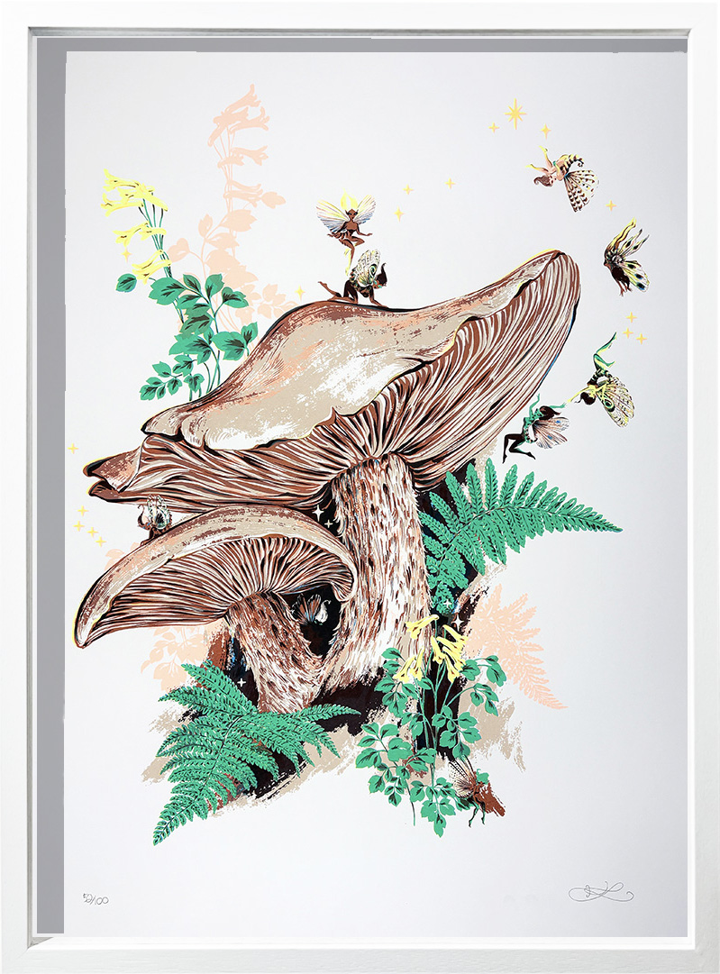 Illustration of two large brown mushrooms with green ferns, yellow flowers, and bees on a white background. The Heath Fairies - Limited Edition Screen Print (Copy).