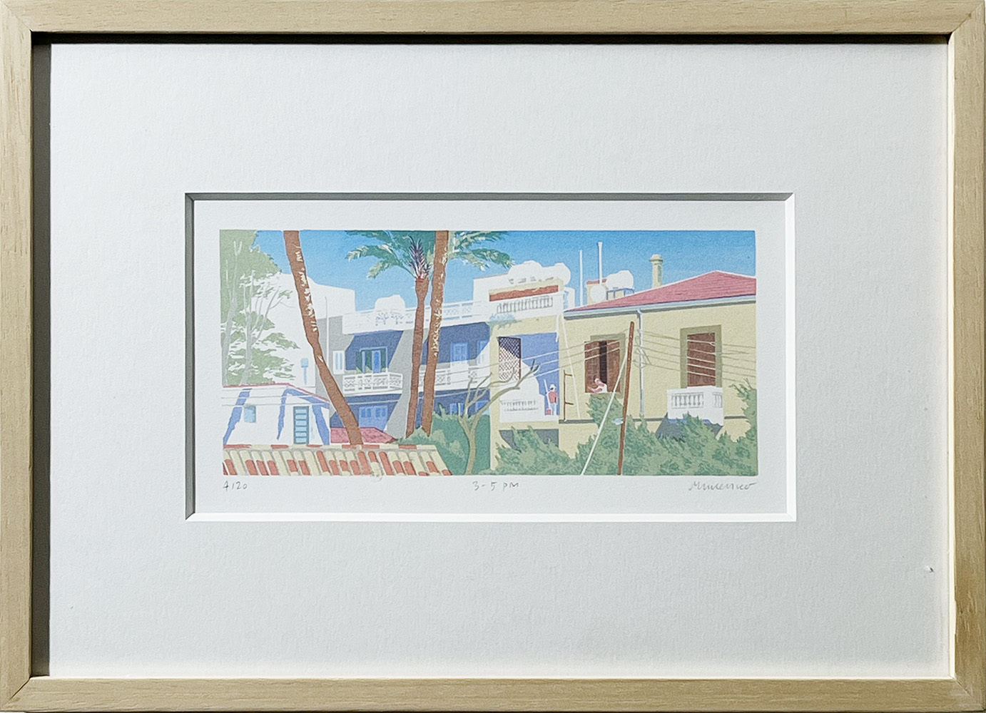 Limited edition screen print, “3-5 PM,” features a vibrant street scene with houses, greenery, and palm trees beneath a clear blue sky.