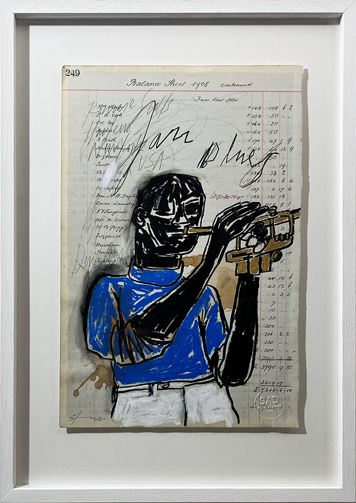 Figure 1 - FRAMED (Copy): A drawing of a person in a blue shirt playing trumpet, sketched over a vintage ledger sheet with handwritten text and numbers, framed in white.