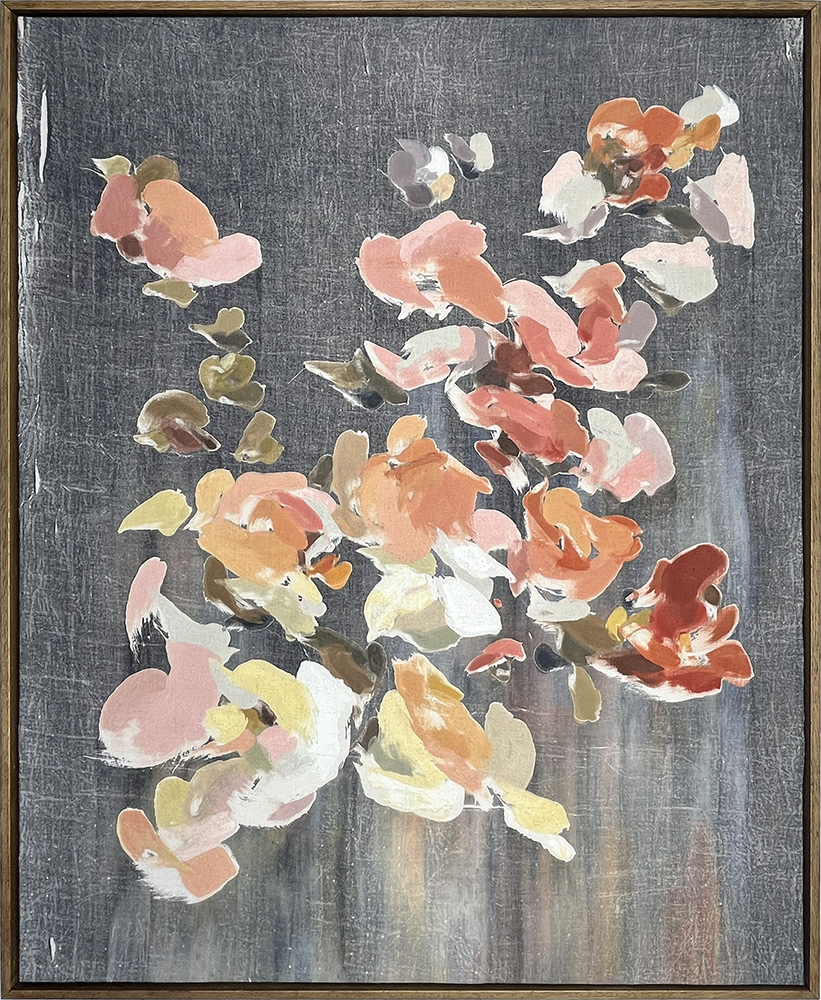 Permanence of Change - Mono Print (Copy)" is an abstract painting featuring peach, pink, red, and yellow flowers with green accents on a grey textured background, presented in a simple brown frame.