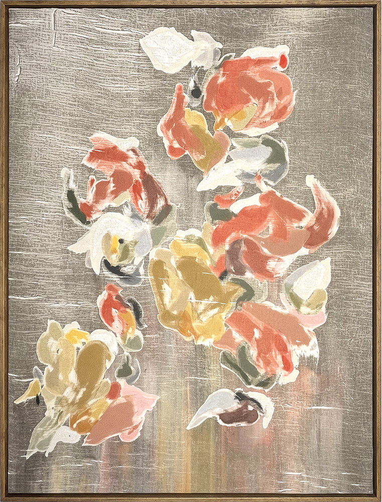 The "Permanence of Change - Mono Print (Copy)" showcases loosely defined flowers in pink, yellow, white, and green on a textured grey background, elegantly framed in wood.