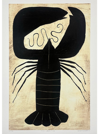 A minimalist illustration of a black lobster on a beige background, with simple lines and stylised shapes forming the body and claws.