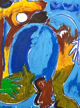 Abstract painting with bold blue, yellow, brown, and green shapes; a white circle appears near the top left amid curved and angular lines.