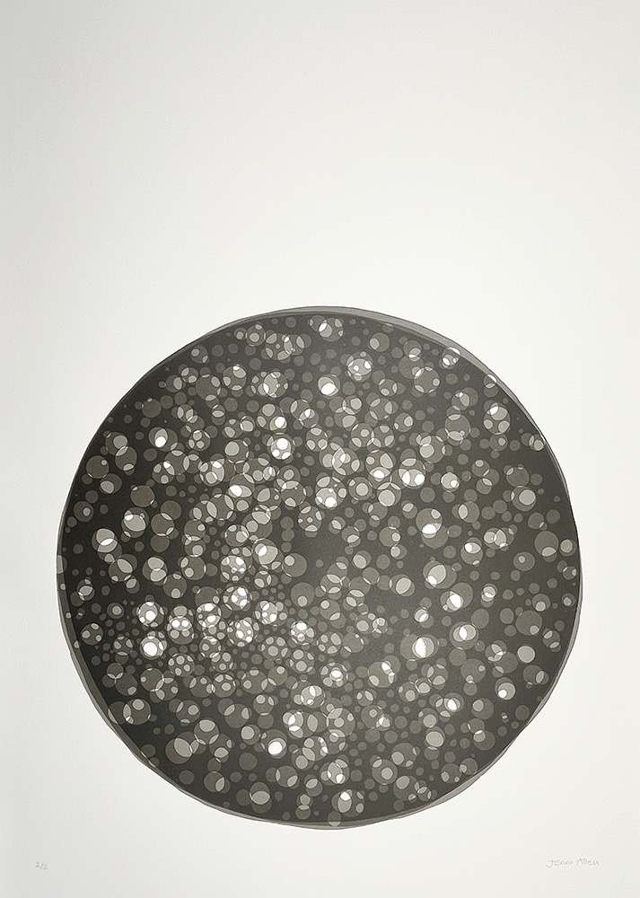 Circular Matter, Black 2 (Copy) features a pattern of overlapping circular dots in different sizes, in shades of grey and white, arranged on a clean white background.