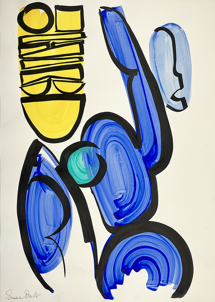 Taking Stock Study, 2021 (Copy): Abstract painting with bold black outlines and blue, turquoise, and yellow shapes resembling stylised human forms on a white background.