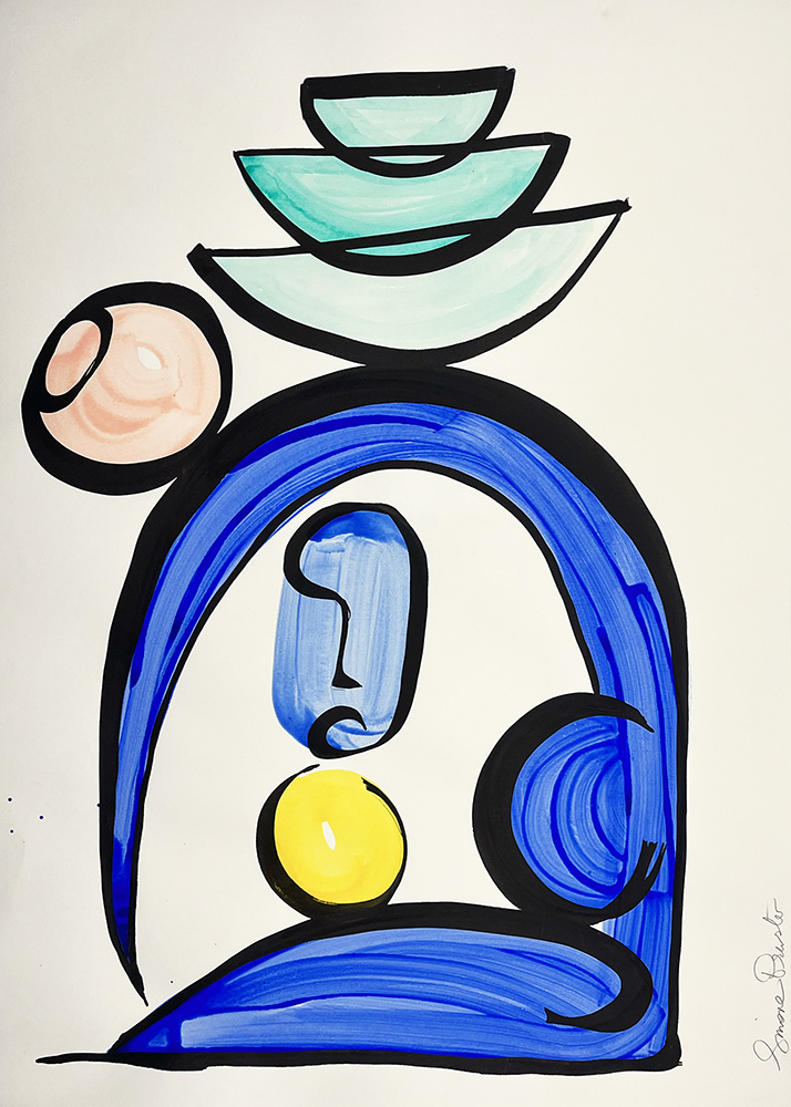 Taking Stock Study, 2021 (Copy) is an abstract painting with overlapping geometric shapes in blue, teal, pink, and yellow, balanced against a white background.