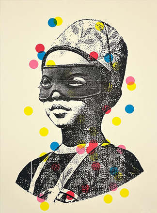 Black and white illustration of a young person wearing a mask and head covering, overlaid with colourful dots on a plain background.