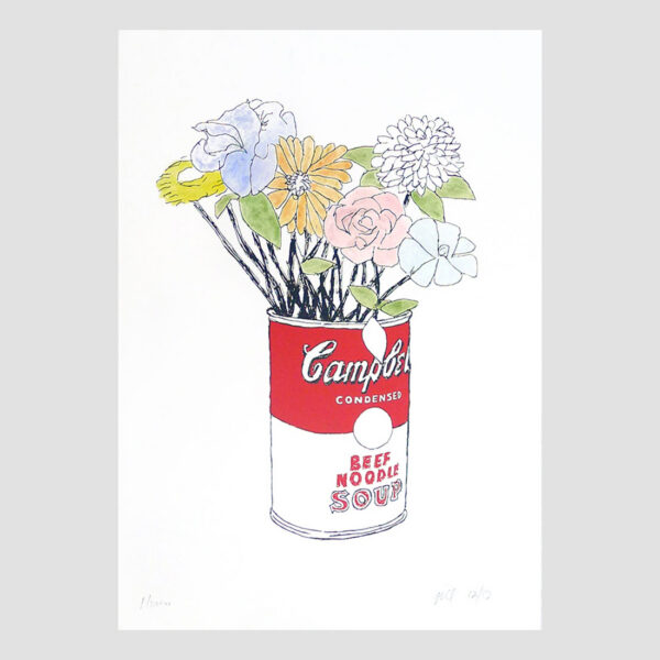 Illustration of a red and white Campbell's Beef Noodle Soup tin used as a vase, holding a bouquet of colourful flowers on a plain white background.