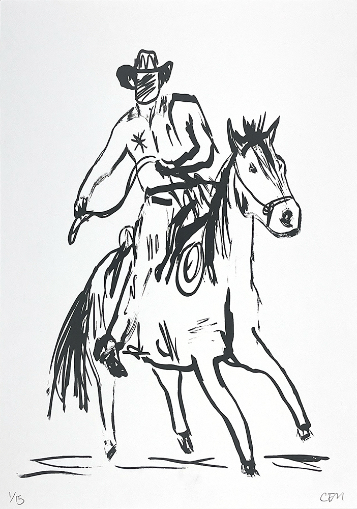 Black and white sketch of a cowboy wearing a hat and riding a horse, with simple, bold brushstrokes and minimal detail.