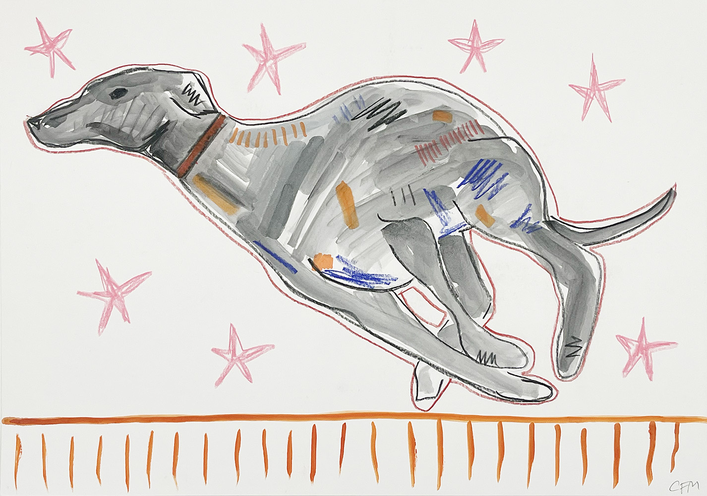 A stylised drawing of a greyhound running, with a brown collar, colourful markings, and pink stars in the background above an orange dashed line.