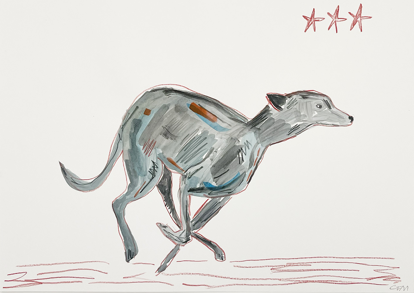 Sprint - Original Drawing and Watercolour (Copy) depicts a grey dog sprinting, illustrated in drawing and watercolour style, with three red stars shown in the upper right corner.