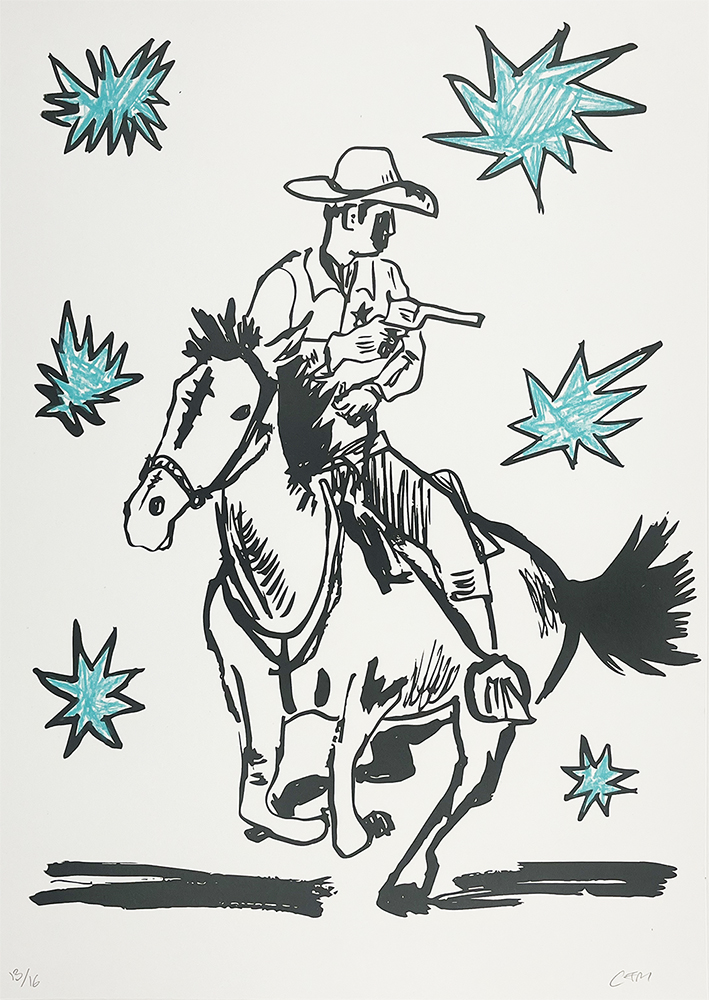 Black and white illustration of a cowboy riding a horse, holding a gun, with turquoise starburst shapes scattered in the background.