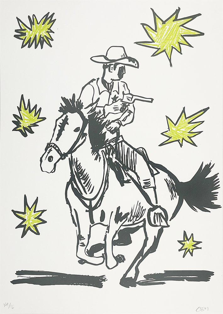 Black and white drawing of a cowboy riding a horse, holding a rifle, surrounded by yellow starburst shapes on a white background.