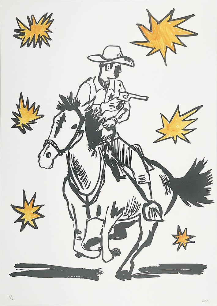Black and white drawing of a cowboy on horseback holding a rifle, surrounded by orange and yellow starburst shapes on a white background.