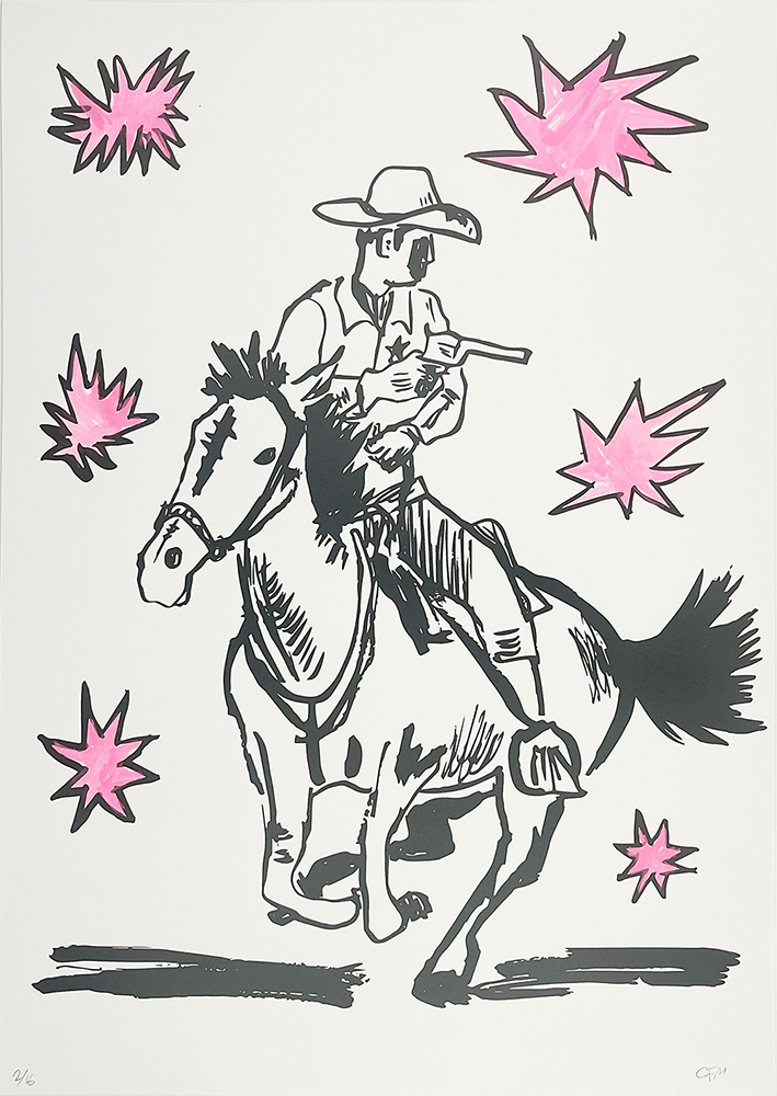 Black and white line drawing of a cowboy on a horse, holding a rifle, surrounded by several pink starburst shapes.