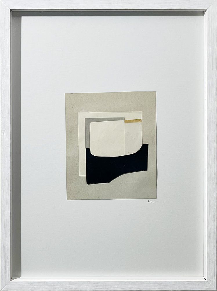 A minimalist collage artwork with overlapping rectangular paper shapes in beige, cream, and black, displayed in a white frame.