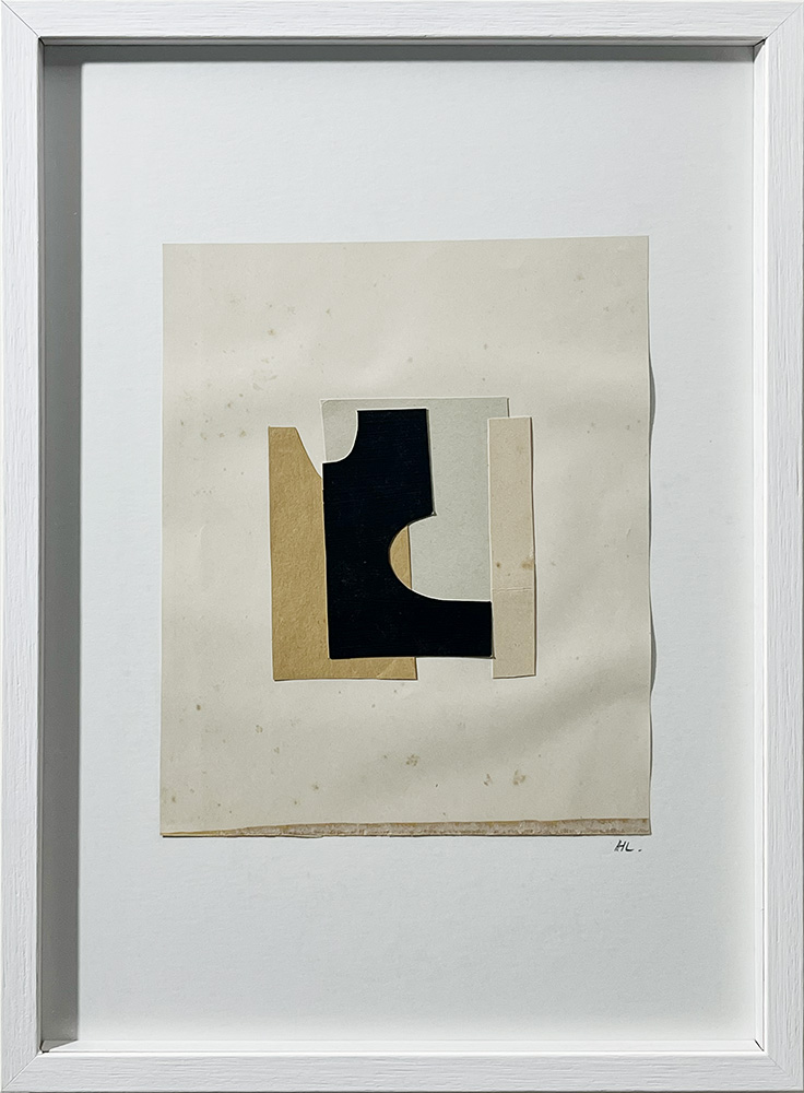 Framed abstract collage featuring overlapping geometric paper shapes in black, beige, and off-white on a slightly stained white background.