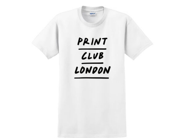A plain white T-shirt featuring the words "PRINT CLUB LONDON" in bold, black, handwritten-style text, each word underlined—perfect for fans of the Print Club Gift Shop!.