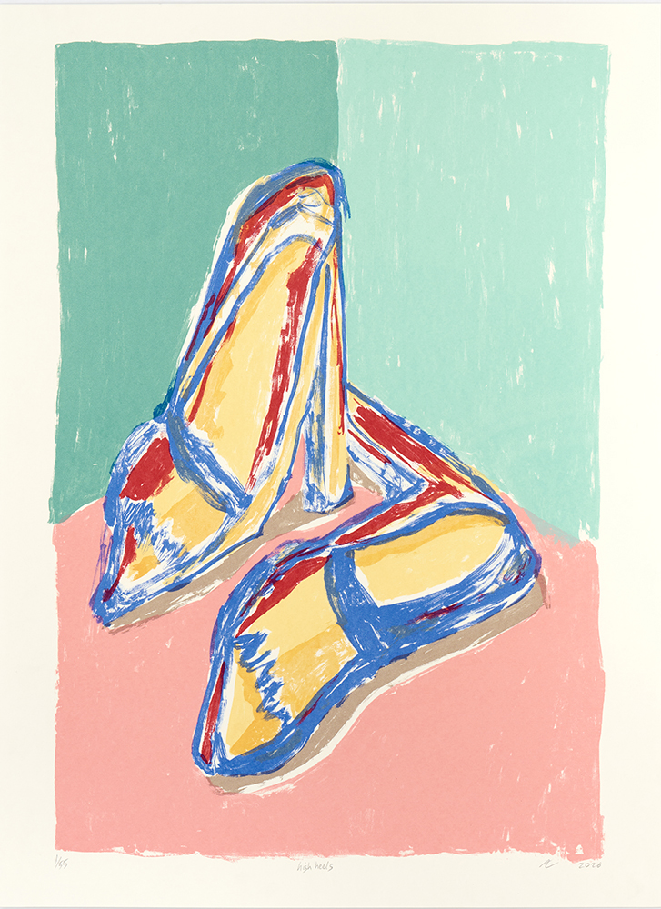 A vibrant screen print titled "High Heels – Limited Edition Screen Print" features two yellow high-heeled shoes outlined in blue and red, set against a pink and green split background and capturing lively energy.