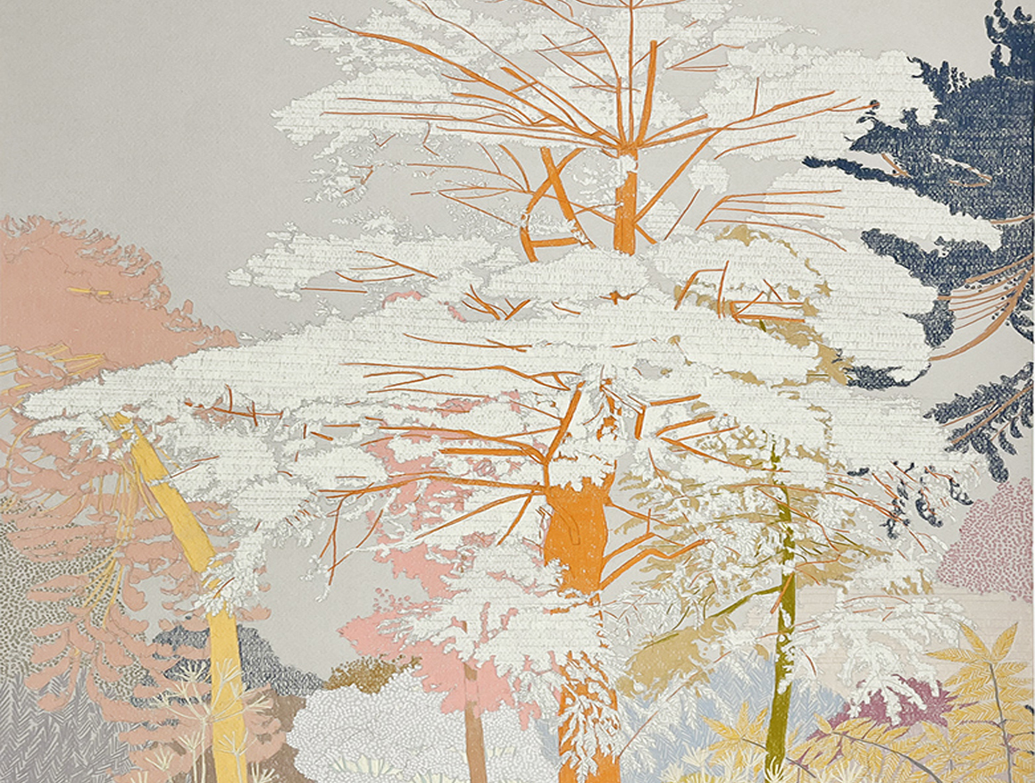 Illustration of trees with intricate, layered patterns in muted tones of white, orange, pink, and blue, creating a textured forest scene on a light background—an elegant example of affordable screen prints and artwork.