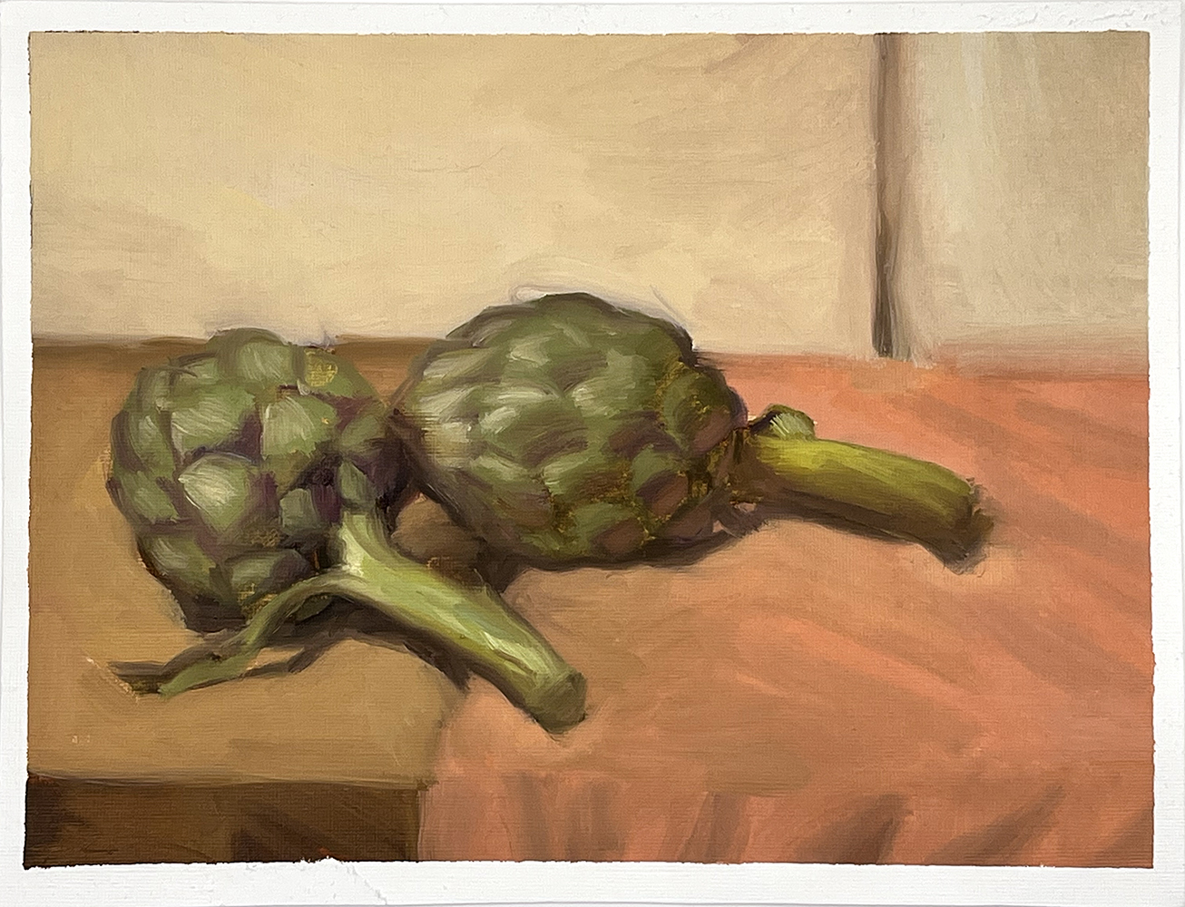 Two artichokes with green stems rest on a pinkish surface against a neutral background in a painted still life.