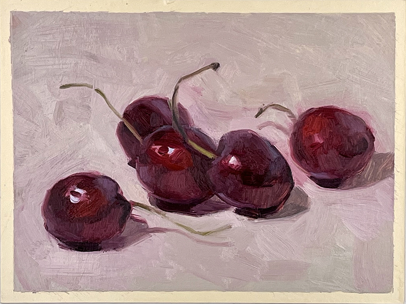 A realistic painting of five dark red cherries with stalks, arranged on a light, textured surface.