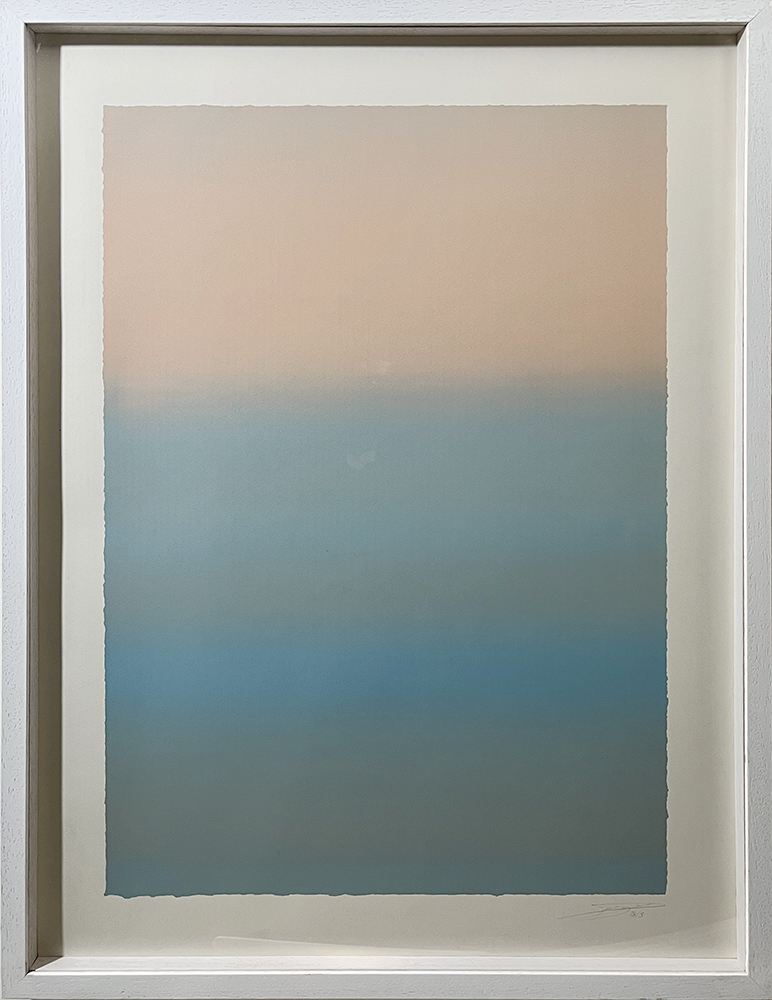 A box-framed abstract screen print titled "Movement" by Ricky Byrne, featuring a smooth gradient that transitions from soft peach at the top to blue at the bottom. This ex-display artwork, currently offered with 50% off the frame in a white finish, beautifully captures a sense of movement through its harmonious colour blending.