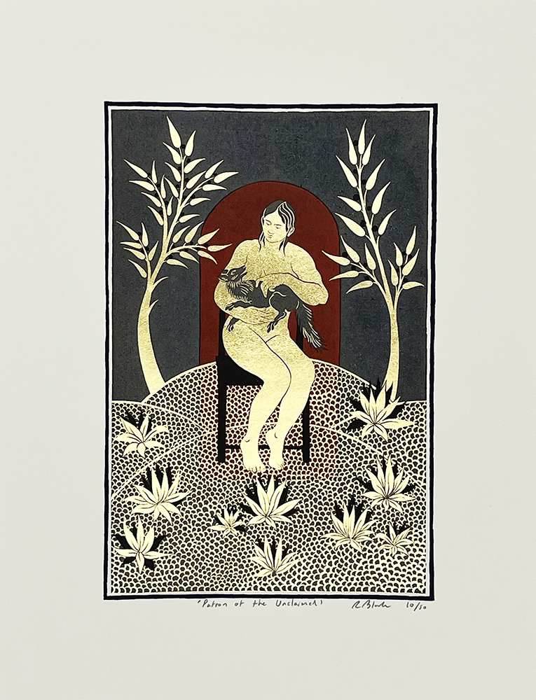 A stylised illustration of a seated person holding a bird, framed by two palm-like plants, with patterned ground and a dark arched background.