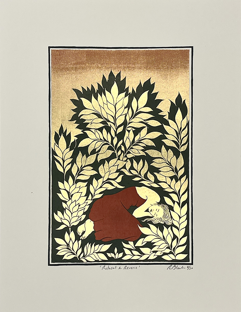 A woman in a red dress lies curled on the ground, surrounded by tall, leafy plants in an art print with muted earth tones.