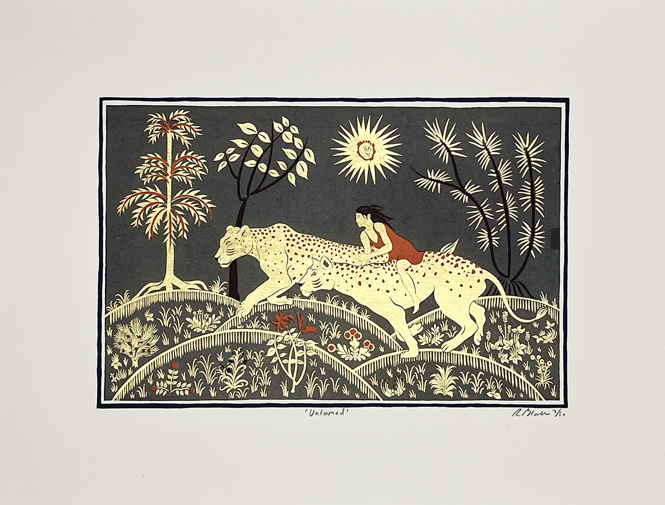 A person in a red dress rides a large spotted cheetah through a stylised forest landscape under a bright sun.