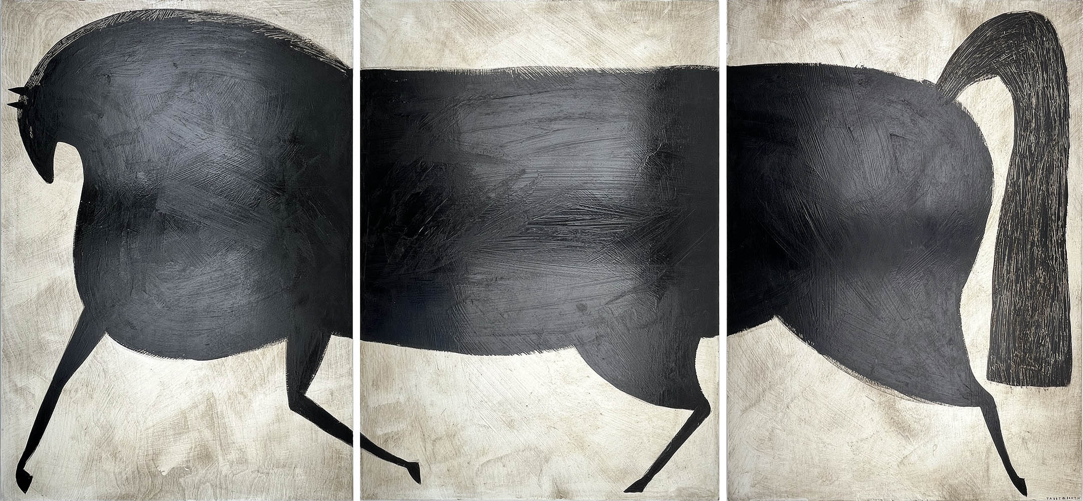 Abstract painting of a black horse on a light background, split into three vertical panels. The horse’s body is exaggerated and stylised, with visible brushstrokes and simple, bold shapes.