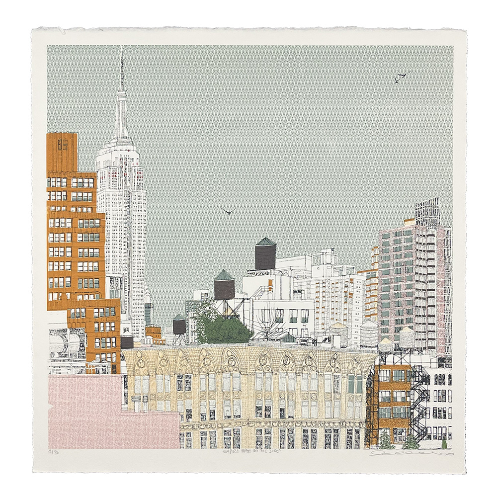 Empire State, New York - Screen print: An illustration of a cityscape featuring the Empire State Building, water towers, various buildings, and a few birds in the sky.