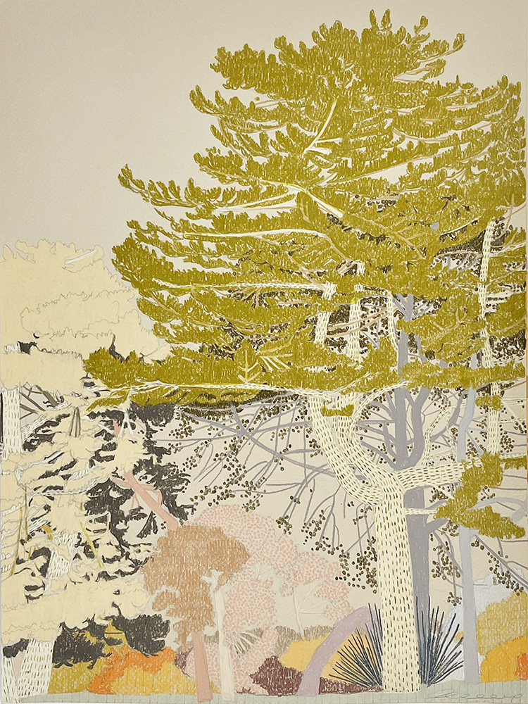 Illustration of tall, yellow-green trees with detailed branches and leaves, set against a light background with hints of smaller shrubs and vegetation in muted colours.