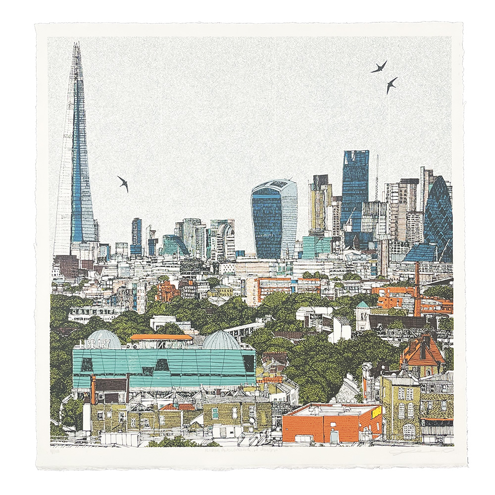 Screenprint titled “Living and Learning in London, Peckham”, depicting the London skyline with The Shard, modern skyscrapers, historic buildings, lush trees, and four birds soaring overhead.