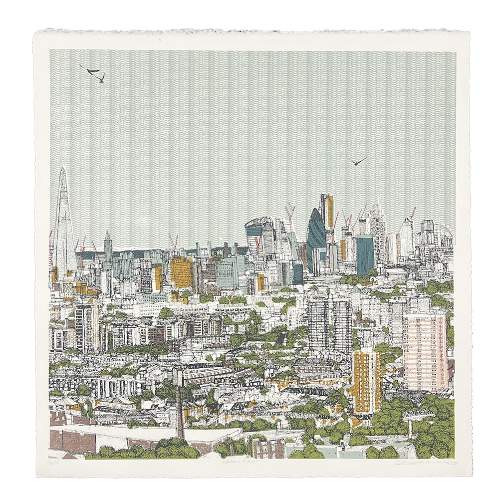 Screen print titled “London City Scape,” featuring an illustration of a city skyline with high-rise buildings, cranes, trees, and three birds in the sky. The composition showcases a mix of modern and historic architecture.