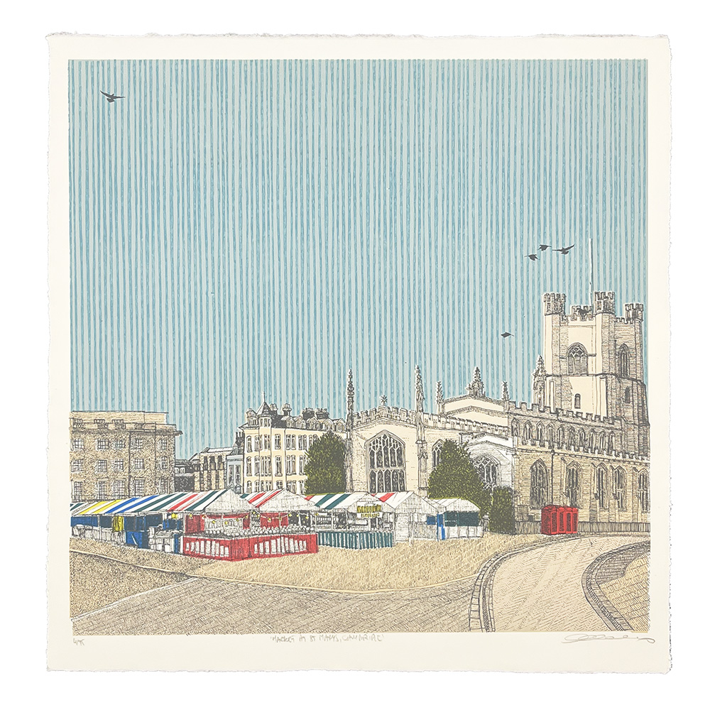 Market at St Mary’s, Cambridge – Screen print featuring a city square with striped market stalls, historic buildings, a church, a red telephone box, curved street, blue sky, and several birds flying overhead.
