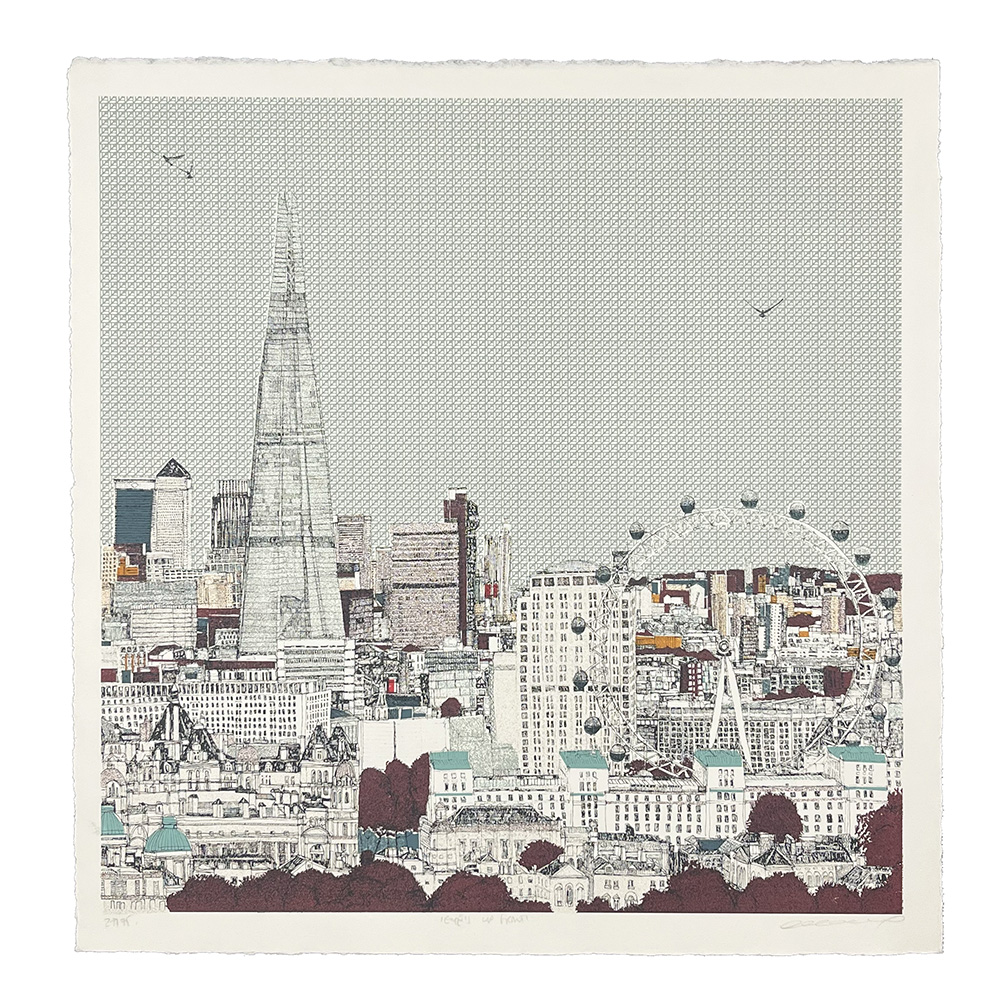 Illustration of a cityscape titled “Eyes up Front, London – Screen print,” featuring The Shard, London Eye, and various buildings under a pale, patterned sky with a few birds visible.