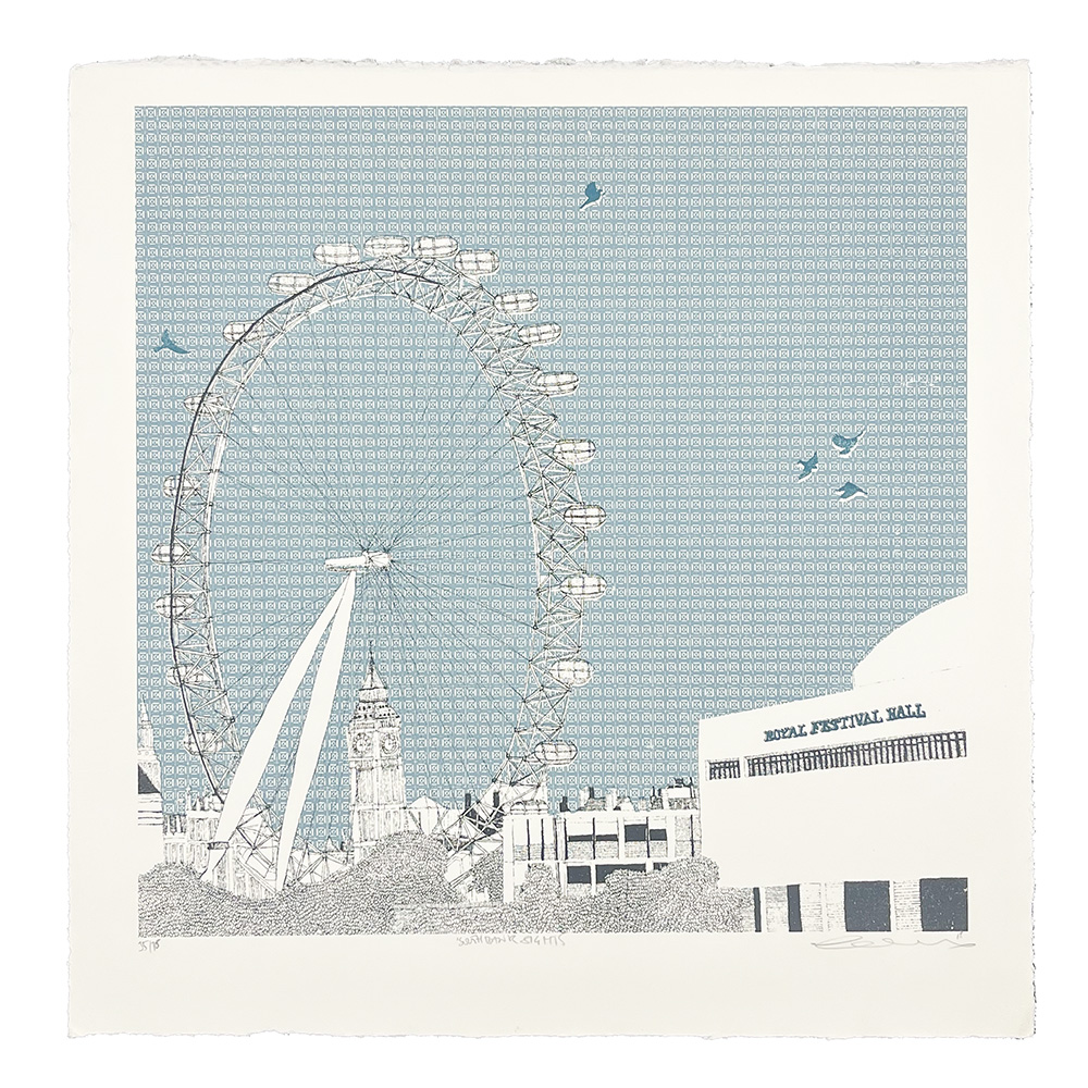 Southbank Sights - Screen Print features an illustration of the London Eye, Big Ben, and Royal Festival Hall with birds against a patterned blue sky background.