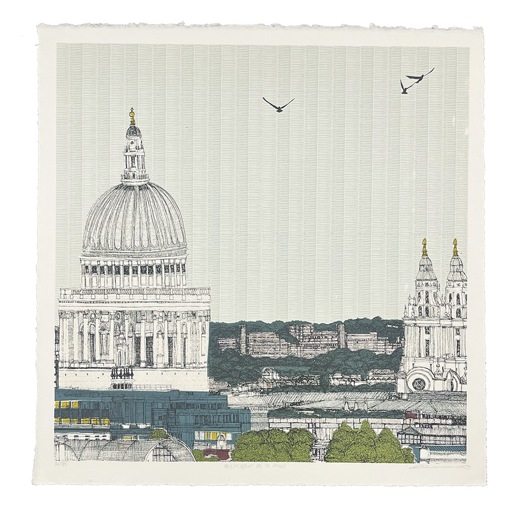 St Paul’s, London - Screen print: This artwork depicts St. Paul’s Cathedral in London, showcasing architectural and landscape details with trees, surrounding buildings, and two birds in the muted-coloured sky.