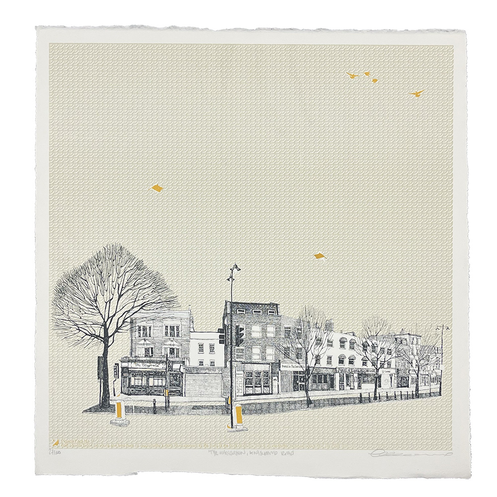 Black-and-white drawing of a city street with buildings and bare trees; five yellow birds fly in the pale sky above.