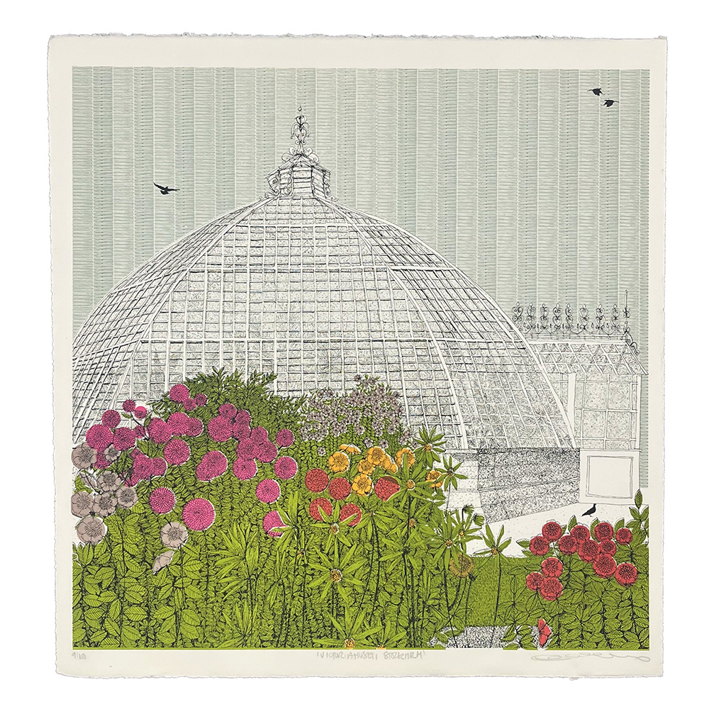 Screen print illustration of Victoriahuset Stockholm, featuring a large glass conservatory dome with intricate metalwork, surrounded by lush green plants and vibrant flowers in the foreground; a few birds soar above in the pale sky.