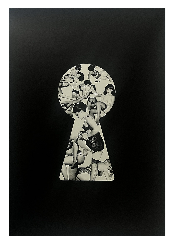 Screen print with a black background and a keyhole cut-out showing black-and-white photos of women in underwear inside.