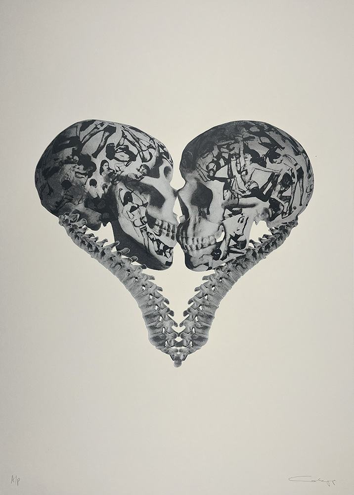 Two human skulls with spines intertwined in a heart shape, each skull marked with abstract black patterns on a plain background.