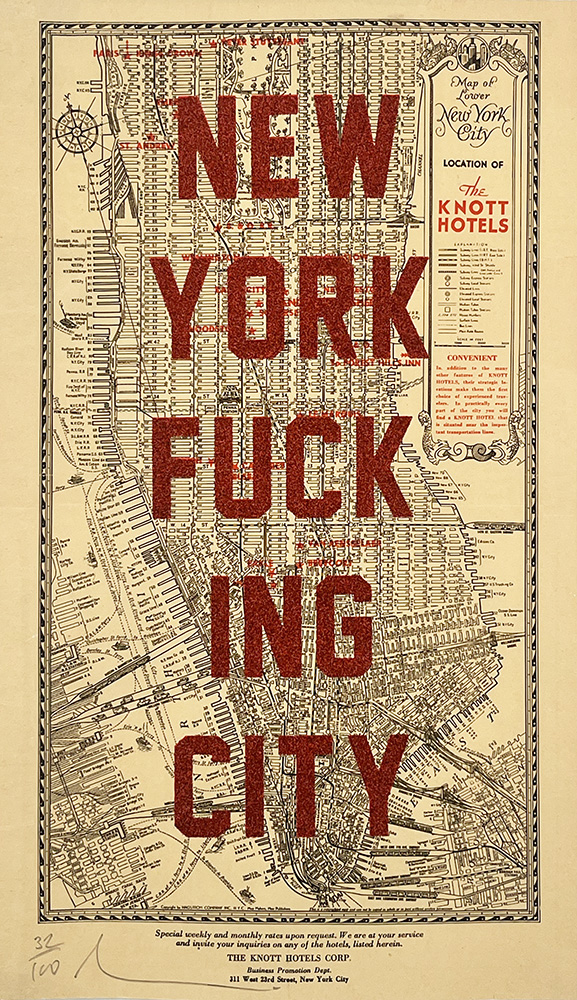 A vintage map of Manhattan with large red glitter text that says “New York Bloody City.”.