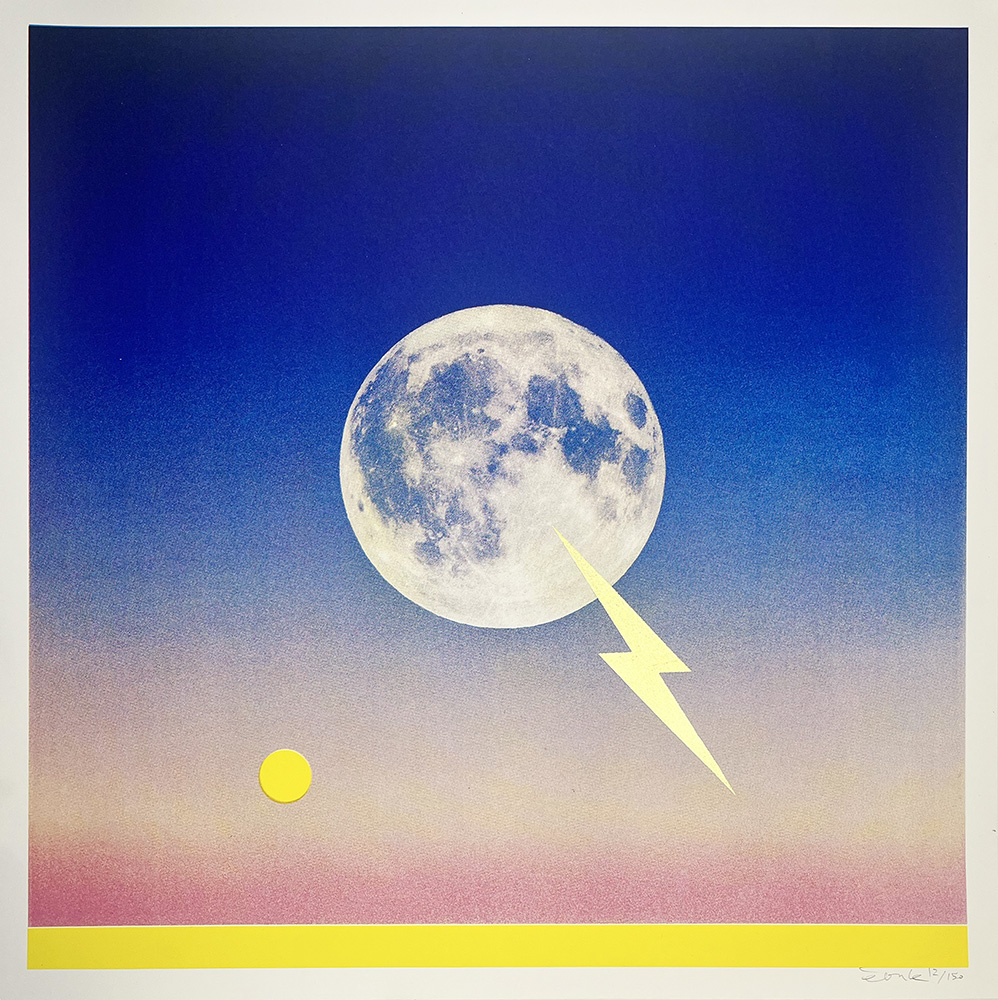 A full moon, yellow lightning bolt, and small gold circle on a blue-to-pink sky above a yellow stripe in a screen print style.