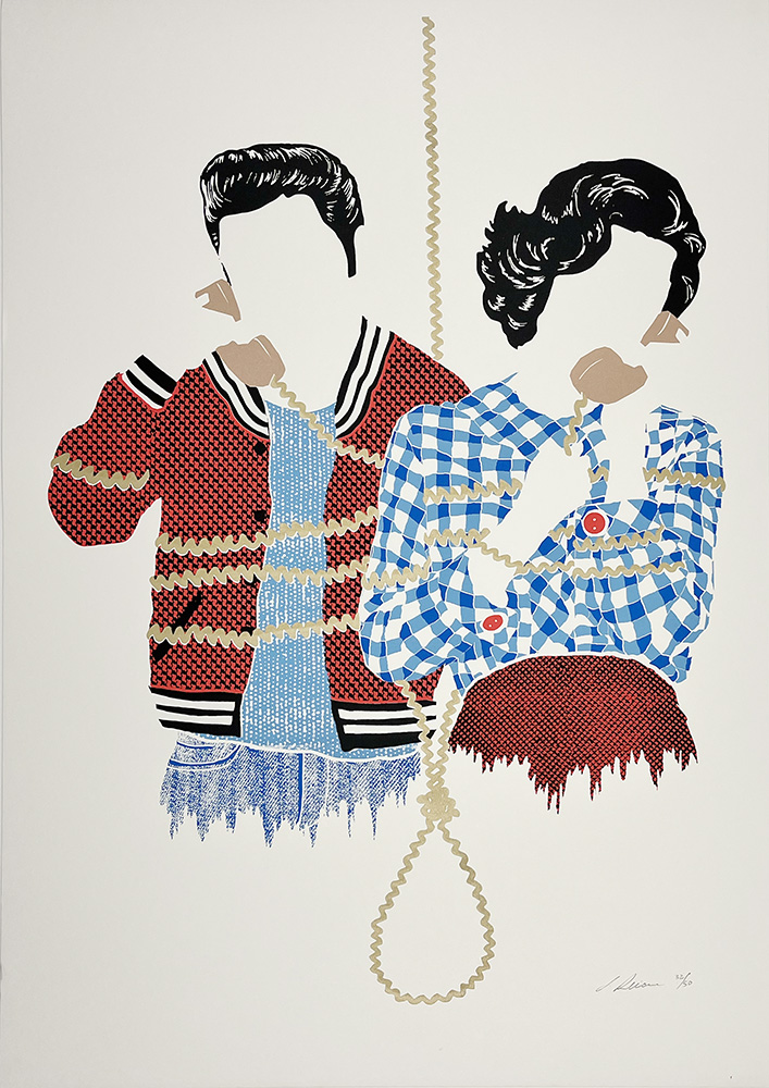 Two faceless figures, one in a red jumper and one in a blue chequered shirt, hold phones; their cords form a noose.