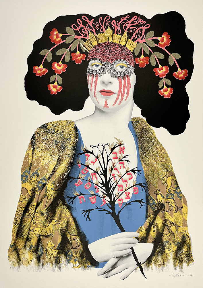 A person with a painted face and floral headdress wears a gold-patterned robe and holds a black tree with red symbols, on a plain background.