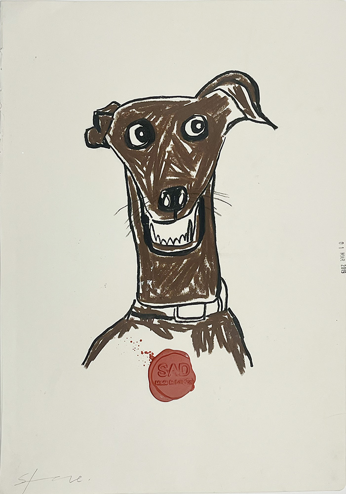 A drawing of a brown dog with a long neck, large eyes, a collar, and a red wax seal labelled “SAD.”.