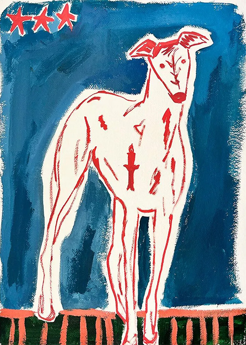 A white dog with red outlines is painted on a blue background, with three red stars in the top left and stripes at the bottom.