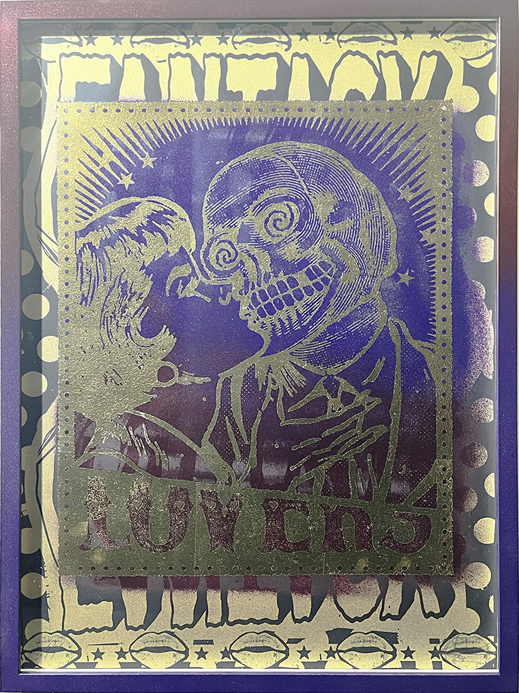 A person faces a skeleton with spiral eyes; “FANTASY LOVERS” appears in large decorative letters in the background.